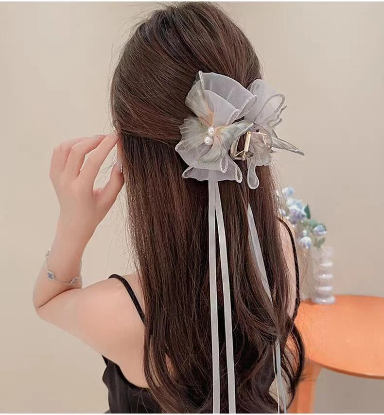 A约18cm蝴蝶网纱花朵流苏抓夹新款发饰后脑勺盘发夹气质头饰1096