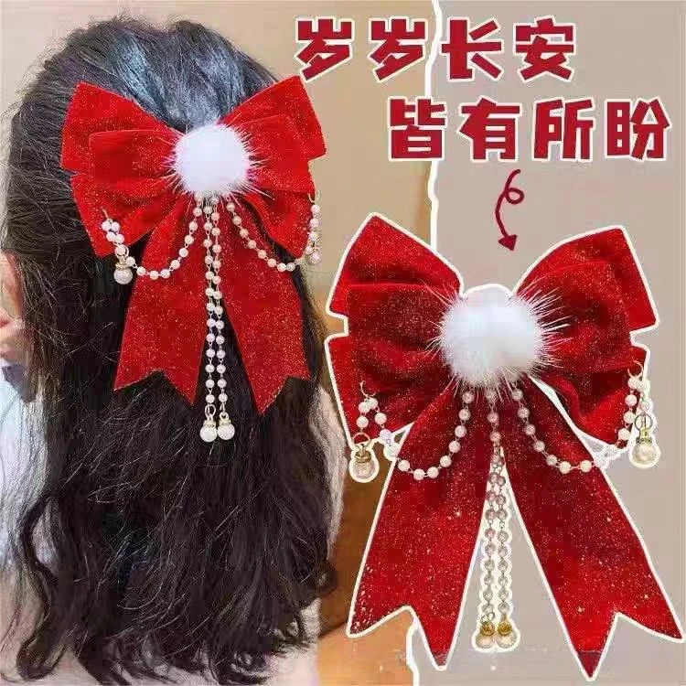 新年红色儿童发夹蝴蝶结发饰古风过年头饰中国风女童汉服发卡2010