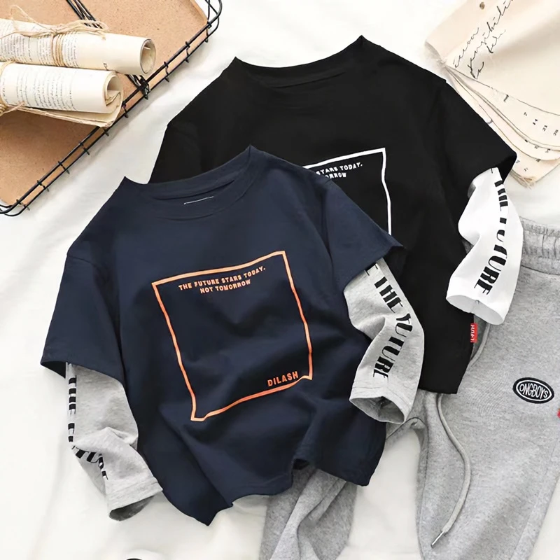 男童假两件T恤2025春秋装新款儿童长袖洋气上衣男宝宝韩版体恤潮