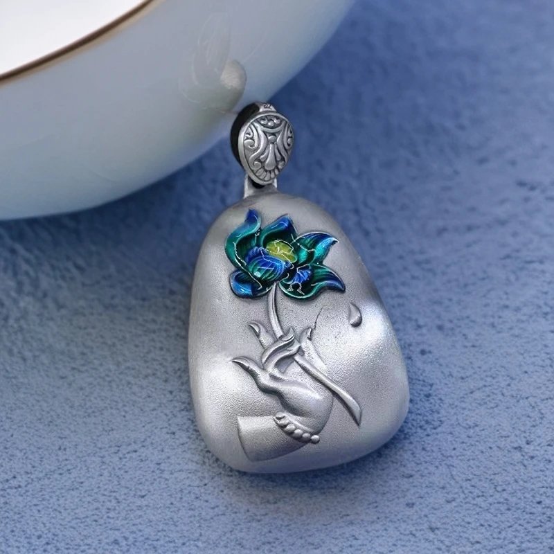 吊坠足银 【如意】999足银莲花心经烧蓝吊坠复古百搭纯手工挂坠礼物