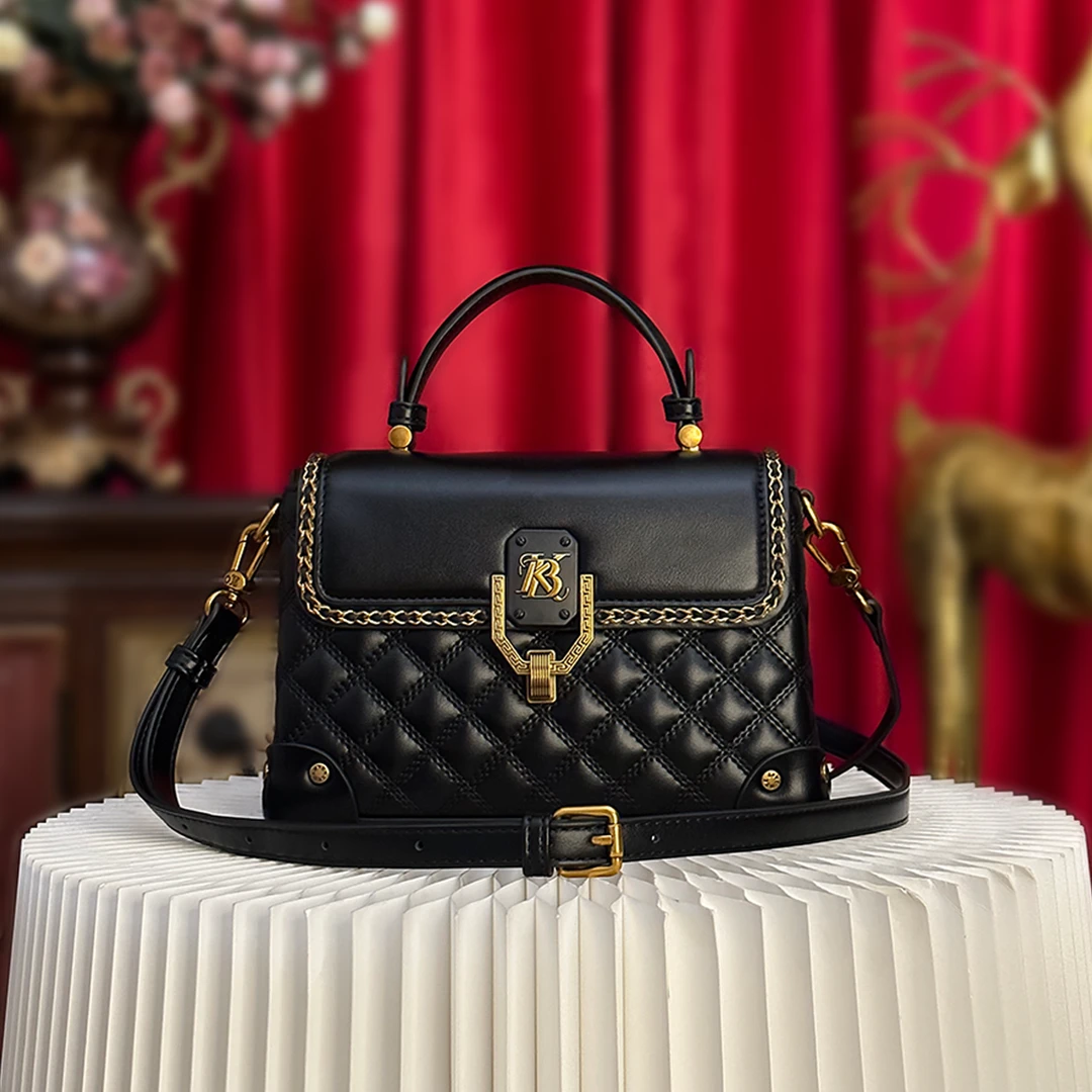 新款气质轻奢百搭时尚黑色复古手提包包菱格单肩斜挎包包9100