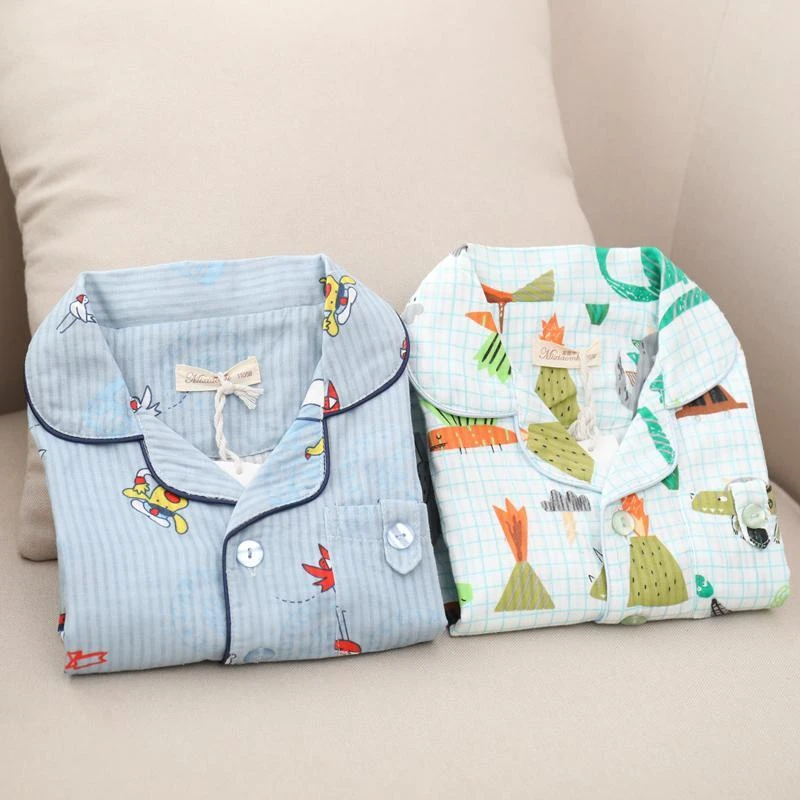 儿童春夏新纯棉纱布薄款男童长袖睡衣套宝宝卡通空调服翻领防蚊服