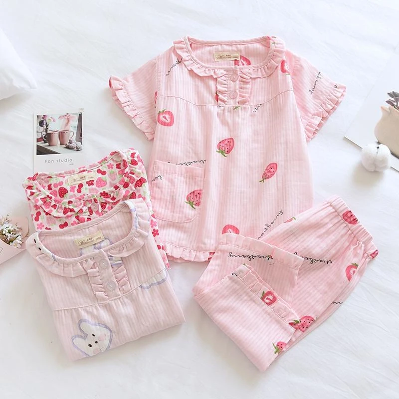 儿童夏季薄款纯棉a类女童睡衣套公主套头式短袖7分裤宝宝家居服