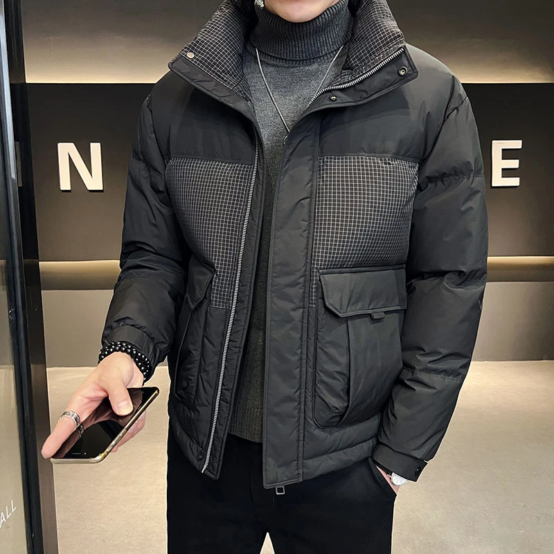 羽绒服男冬季2023新款短款帅气轻薄男装加厚格子拼接立领潮牌外套
