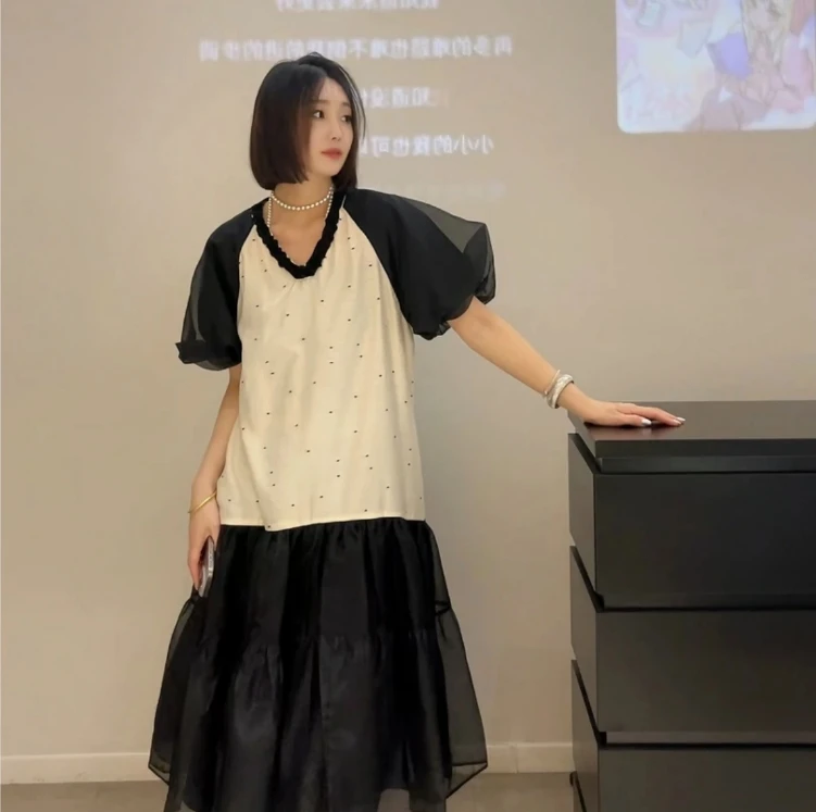 网纱拼接波点连衣裙2024夏季新款时尚宽松减龄设计公主裙