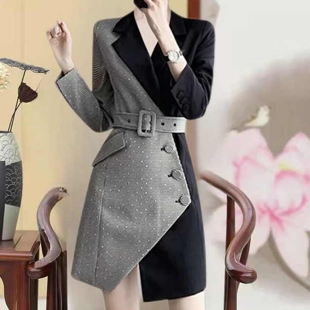 2024春秋新爆款假两件西装裙连衣裙女早春名媛气质设计感春款女装