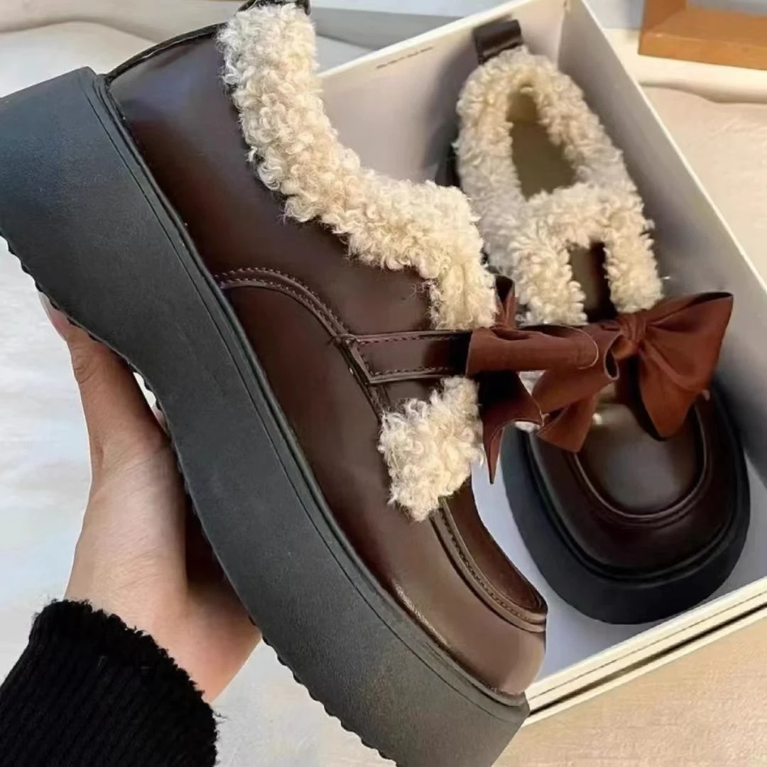 厚底松糕蝴蝶结学院风小皮鞋女春秋季乐福鞋加绒舒适单鞋女潮