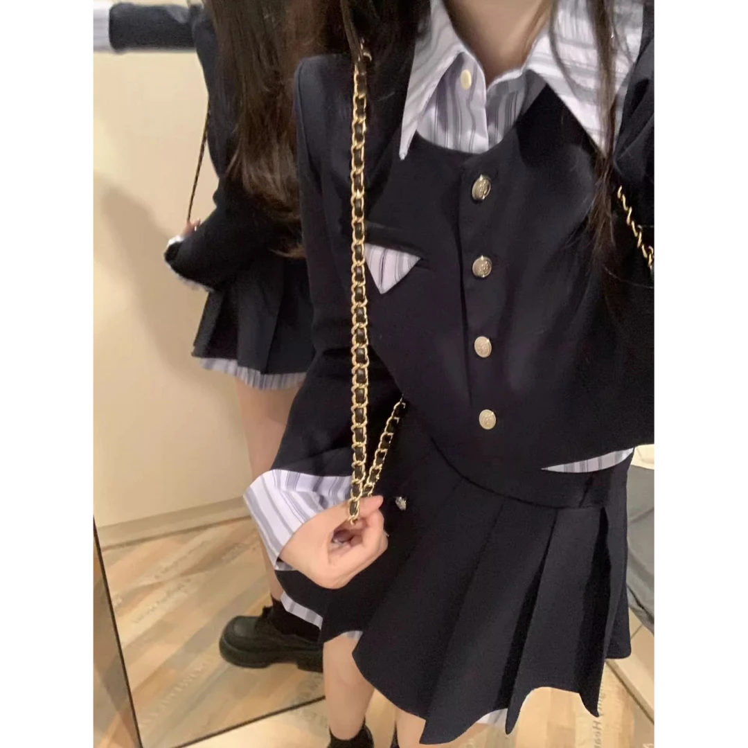 2025藏青色学院风套装女秋冬季撞色套装设计感小众上衣高腰半身裙