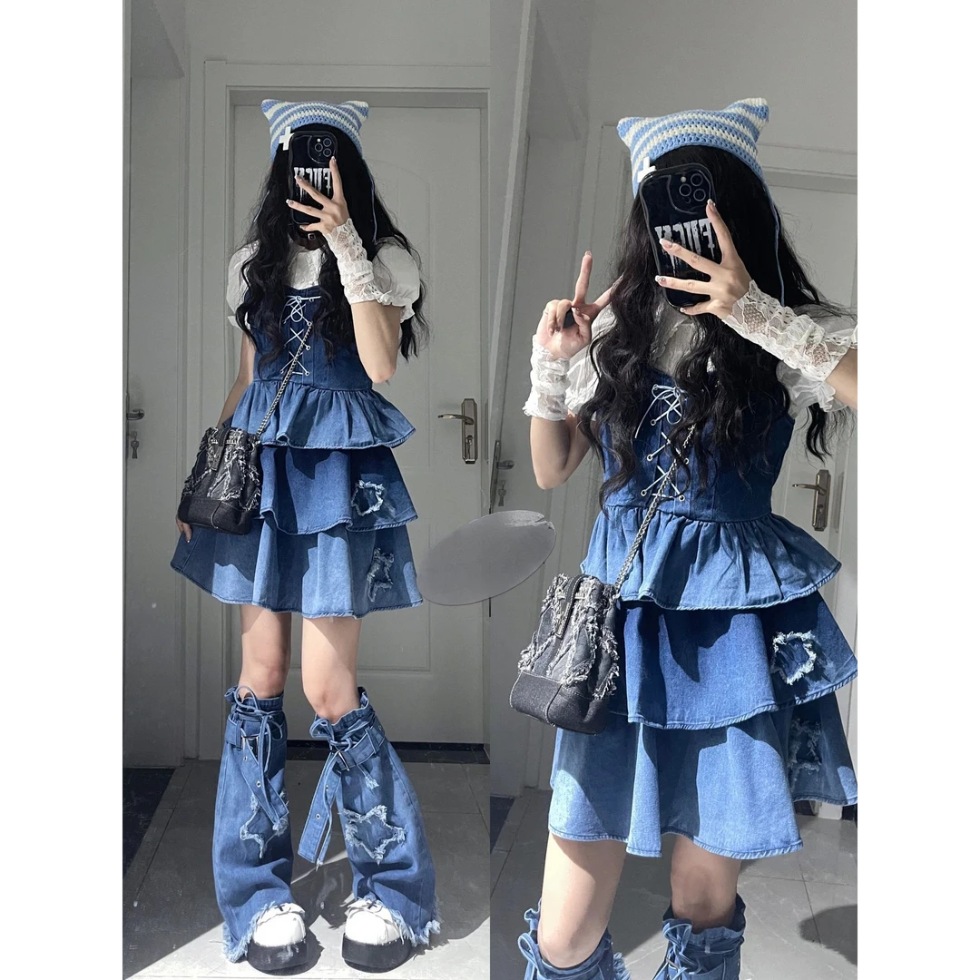 2025韩系甜美减龄可爱少女三件套装衬衣高腰系带吊带蛋糕裙设计感