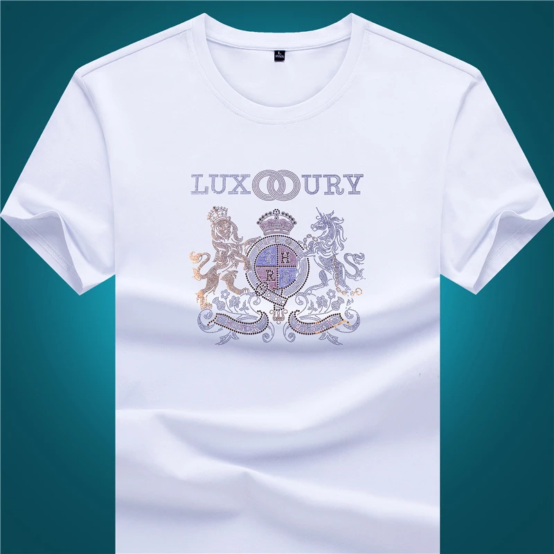 男士t恤短袖圆领夏季纯色丝光棉印花双师烫钻青年体恤半袖打底潮T