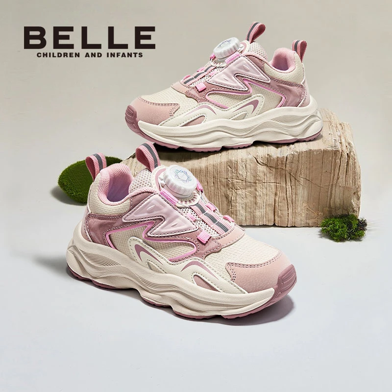 BELLE/百丽童鞋儿童跑步鞋女童小童旋钮户外网面运动复古学生百搭