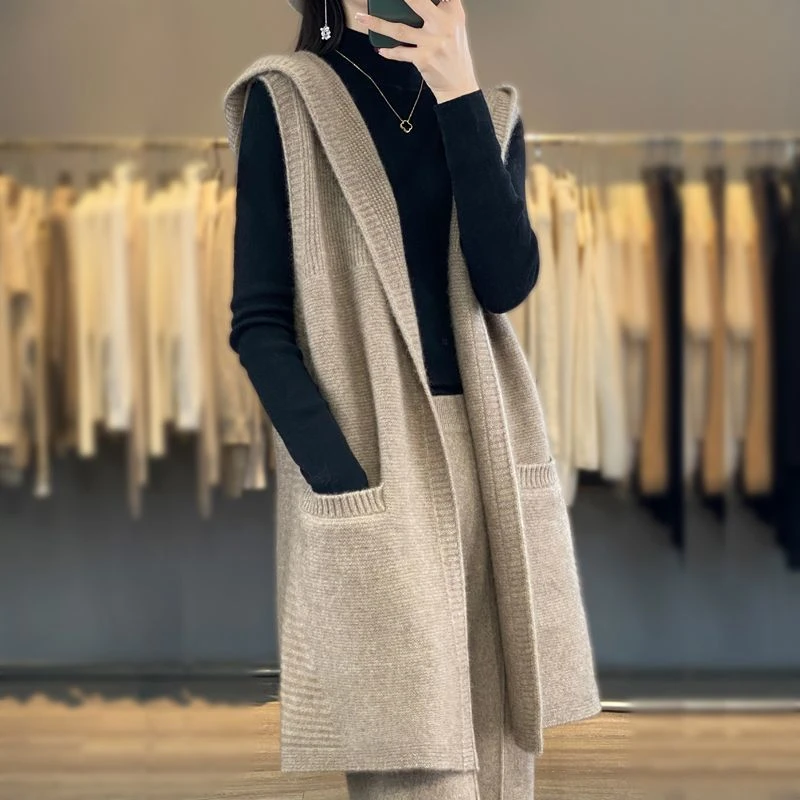 2025韩版针织马甲开衫女新款无袖毛衣慵懒风连帽外搭宽松洋气外穿