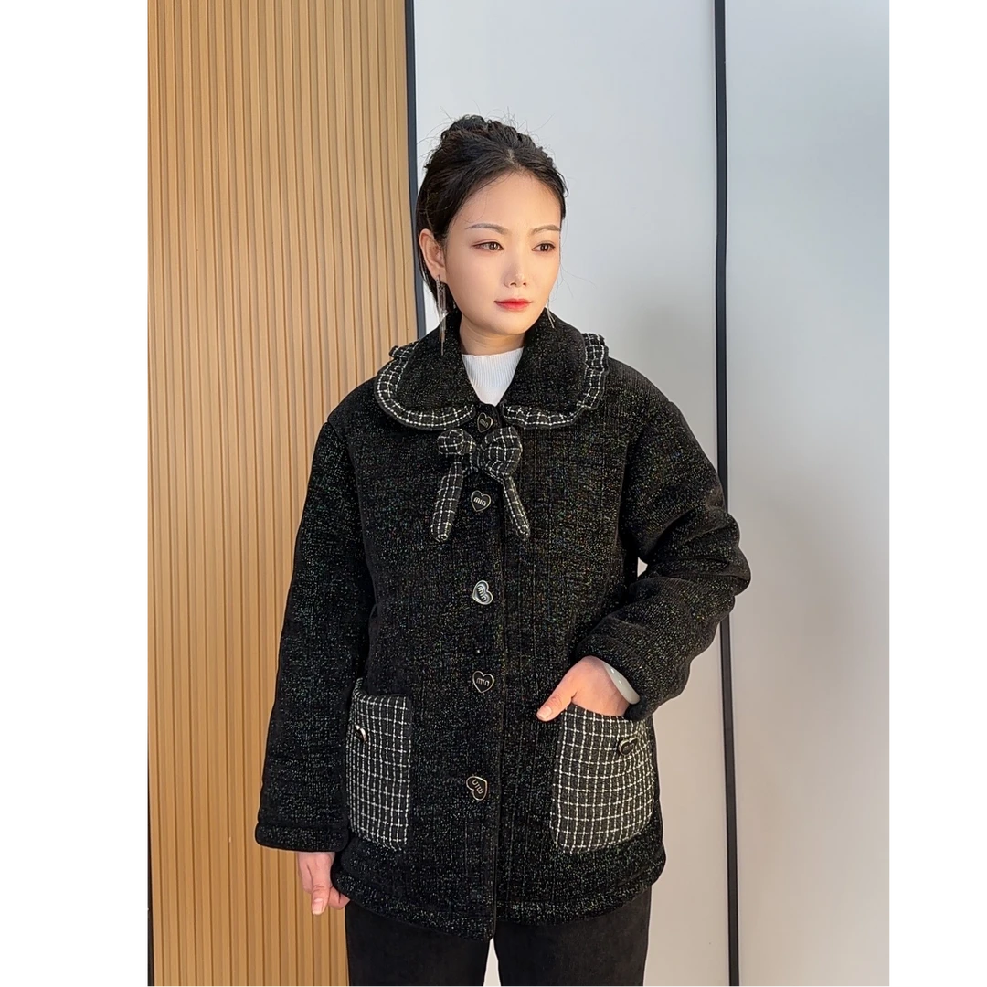 2025小香风家居服睡衣套装可外穿加绒加厚棉服黑色冬