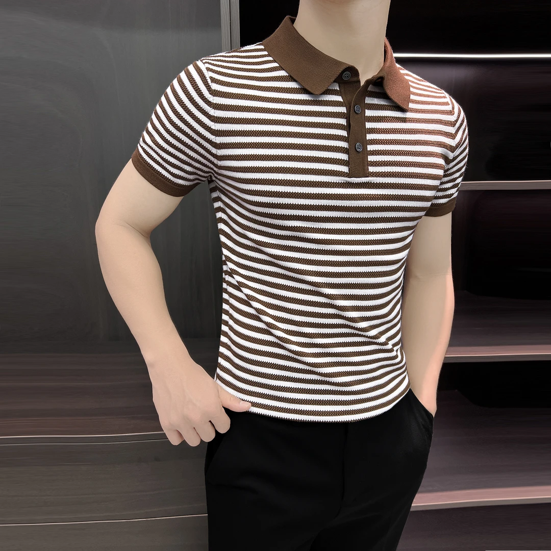 条纹polo衫男款痞帅高级感镂空针织衫休闲百搭翻领男士短袖t恤衫