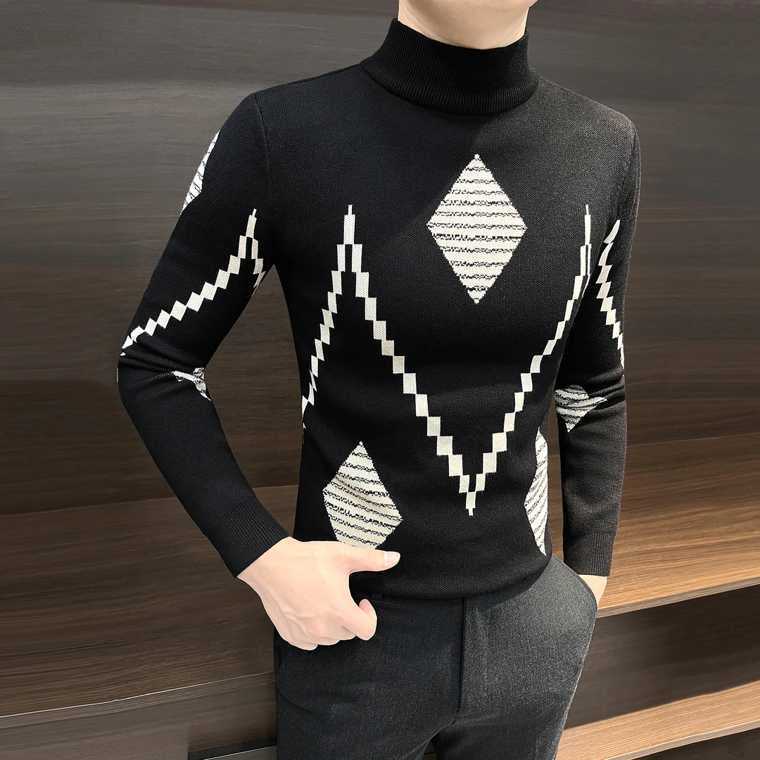 半高领毛衣男款爆款2025新款春秋菱形格痞帅高级感休闲男士打底衫