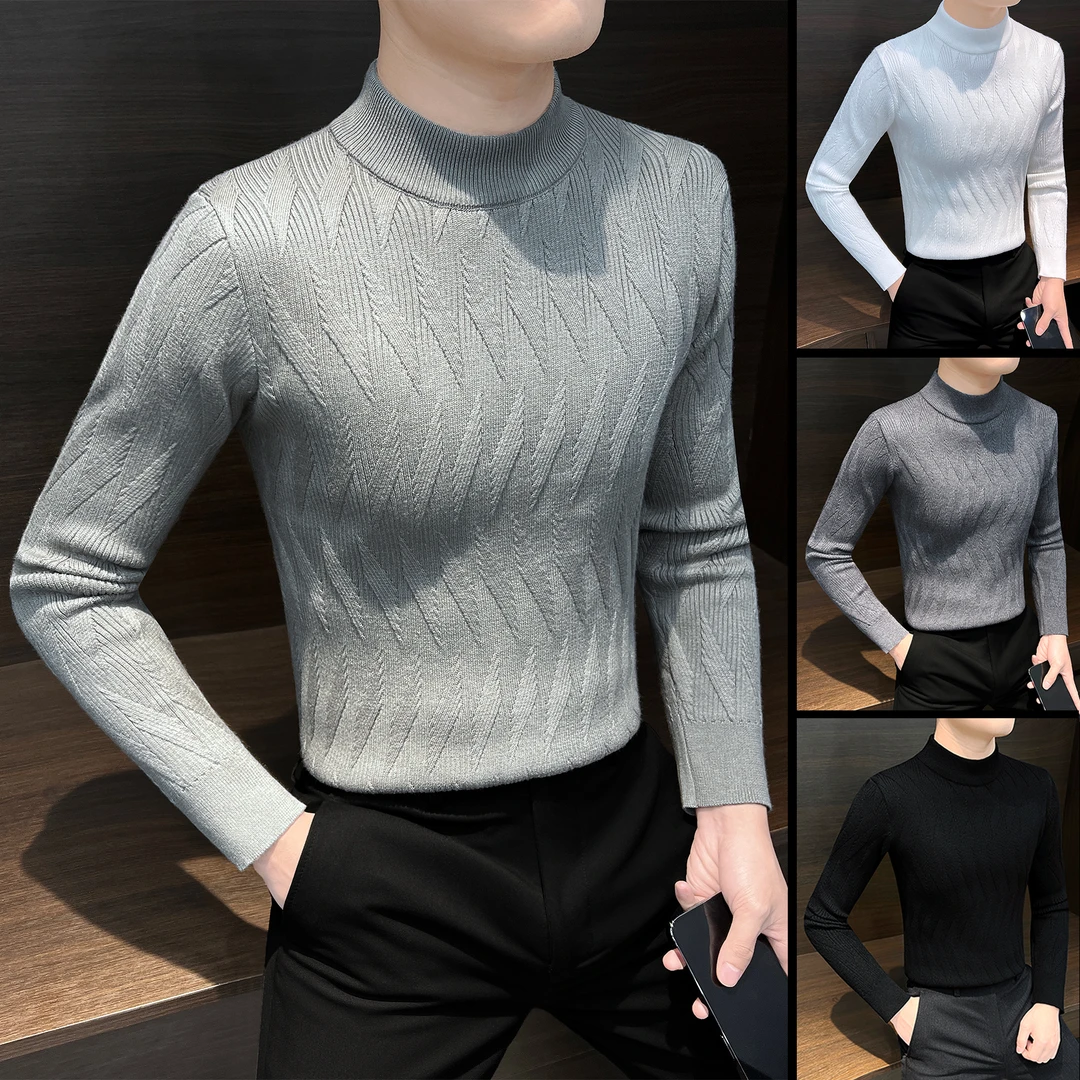 半高领条纹毛衣男款爆款2024新款秋冬格纹线衣内搭中领针织打底衫