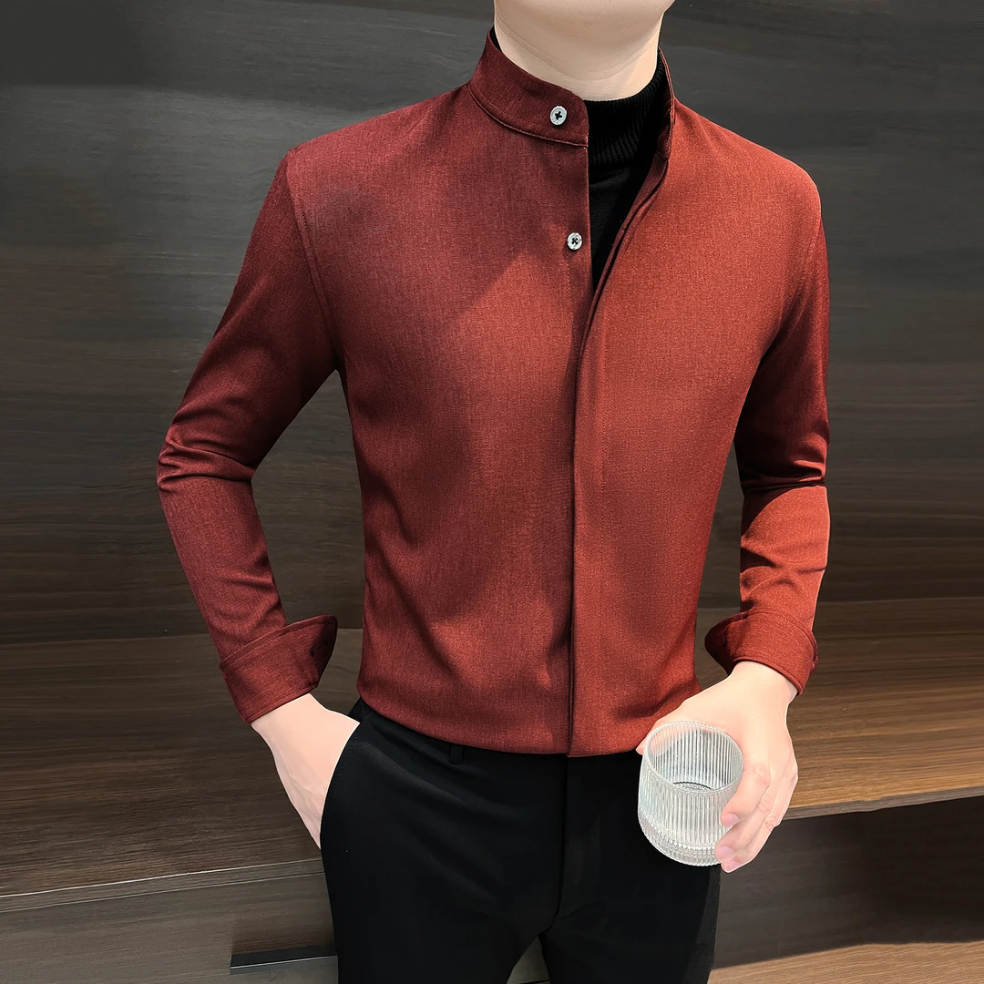 假两件衬衫男士新中式立领潮流高级感男装暗扣秋冬款长袖衬衣男款