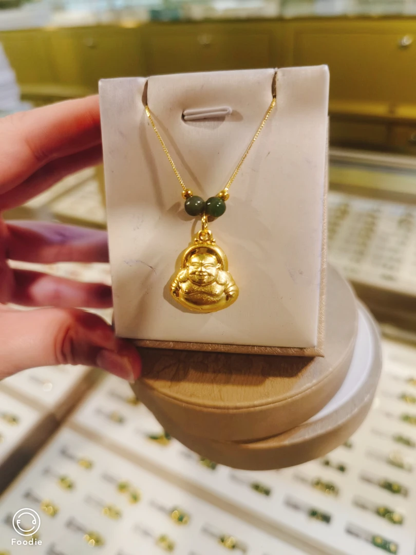 【庄主交朋友】足金999金珠精美时尚气质碧玉佛公项链   JT-012