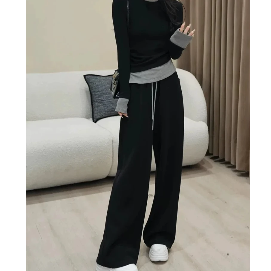 「红人上新」假两件撞色长袖恤秋季小众内搭打底衫+高腰休闲直筒裤