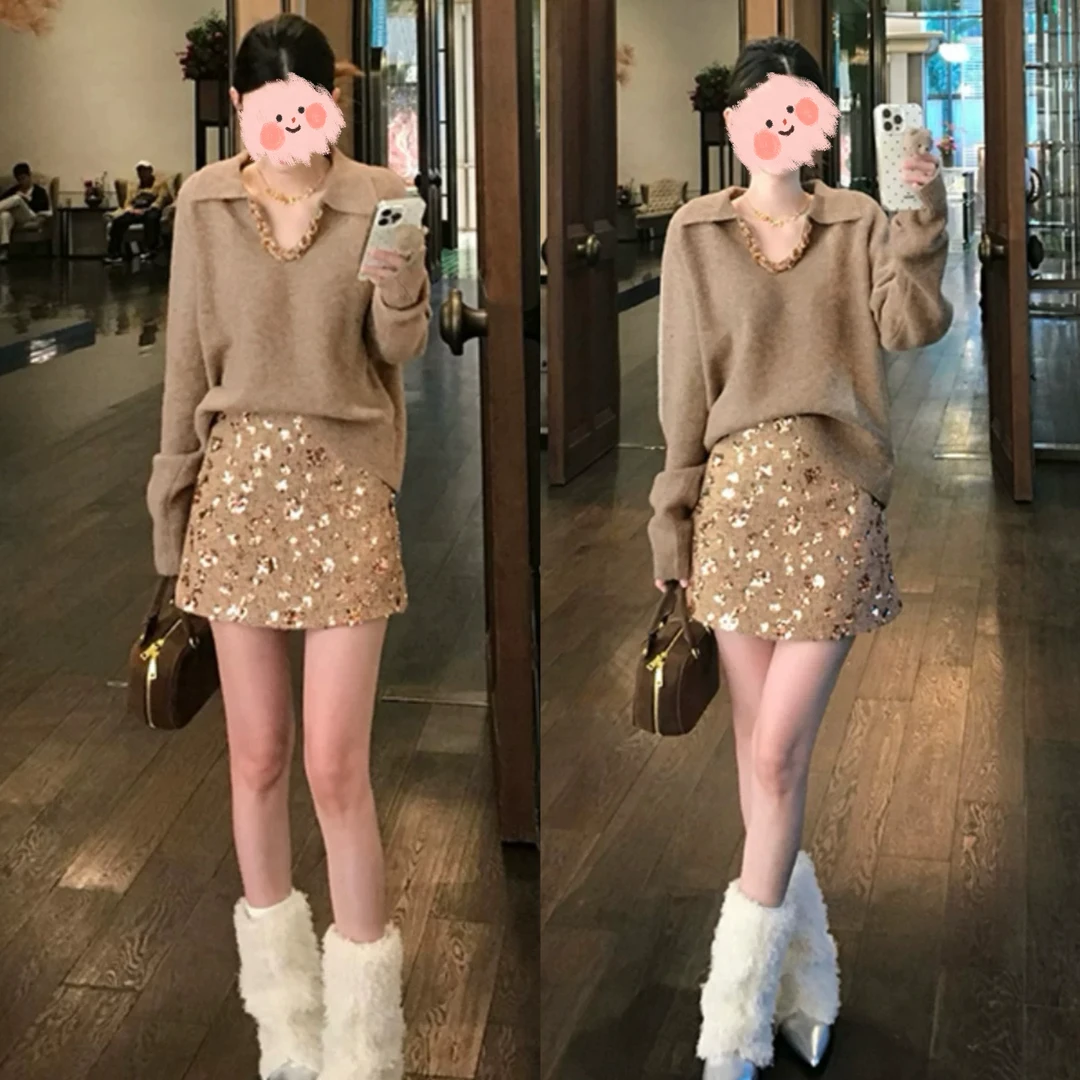 千金风洋气重工翻领小个子毛衣套装女冬季亮片包臀半身裙两件套