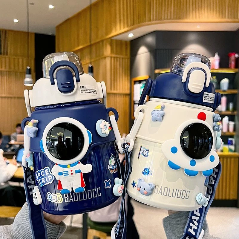 宇航员上学学生保温杯吸管杯不锈钢水杯可爱女孩男孩大容量大肚杯