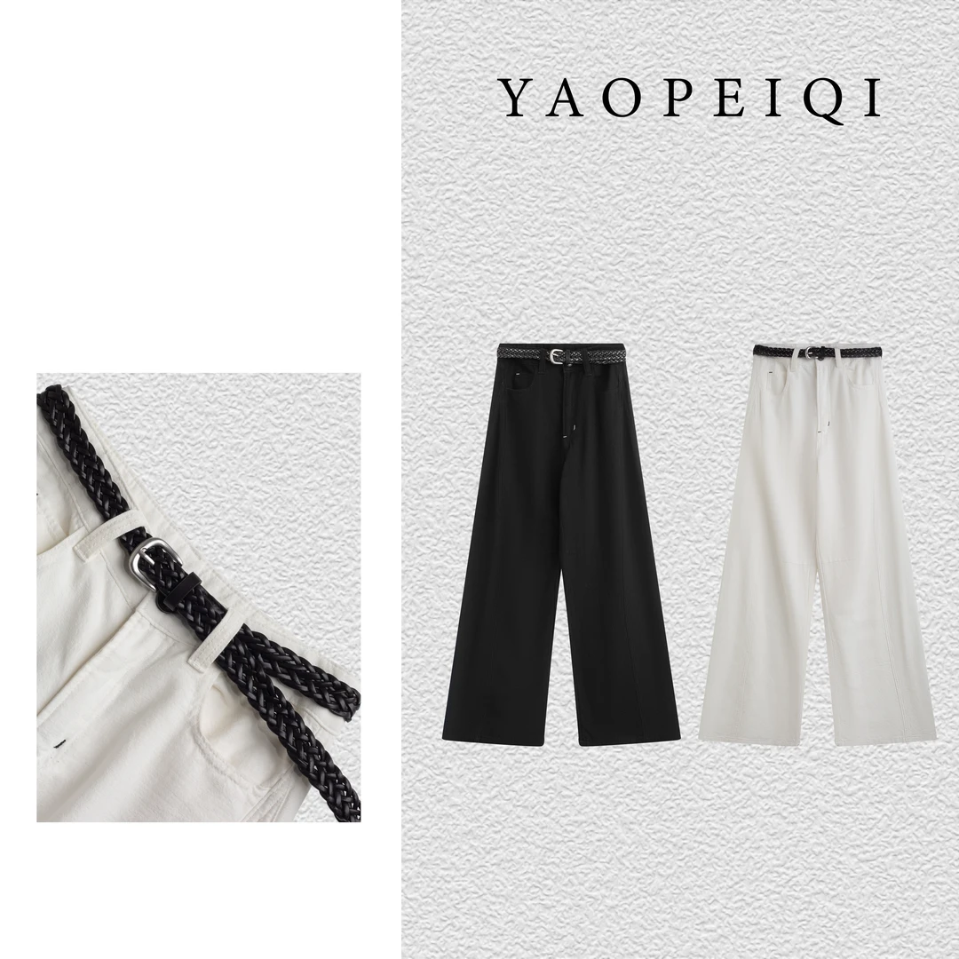 YAOPEIQI 亚麻复古褶线弯刀设计宽松休闲裤7207