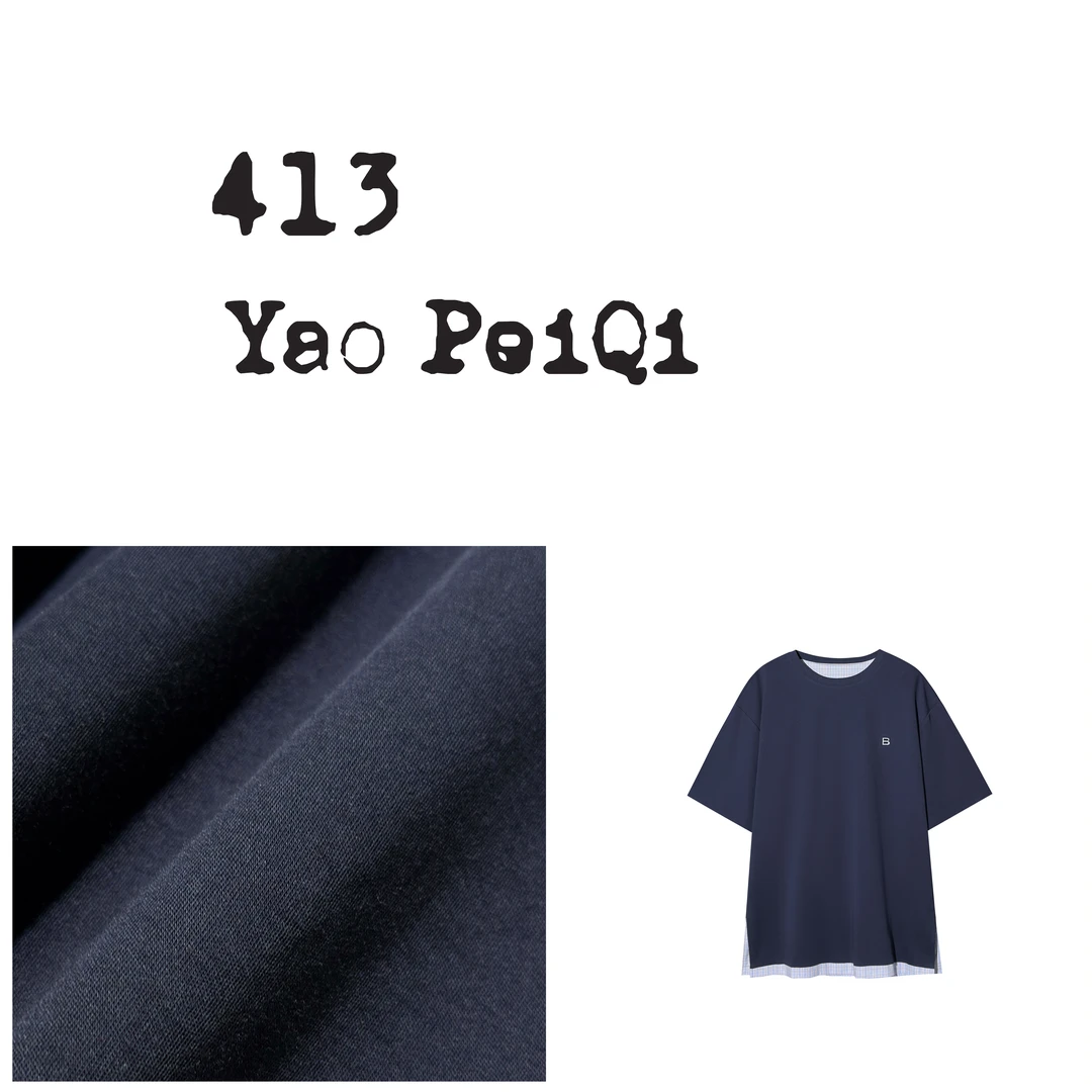 YaoPeiQi 刺绣标格子里衬短袖T恤17196