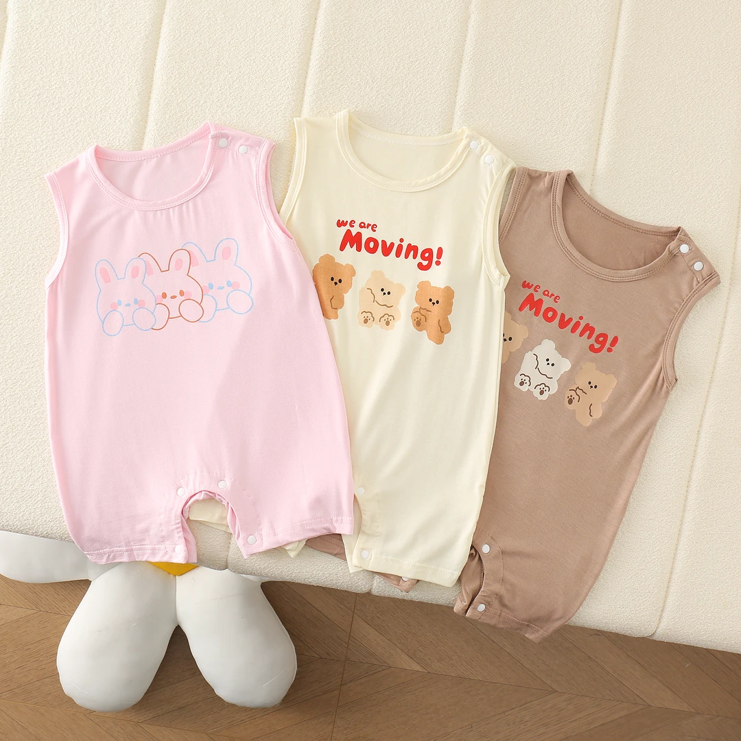 小熊印花婴儿连体衣夏季外出超洋气哈衣男女宝宝无袖薄款衣服居家