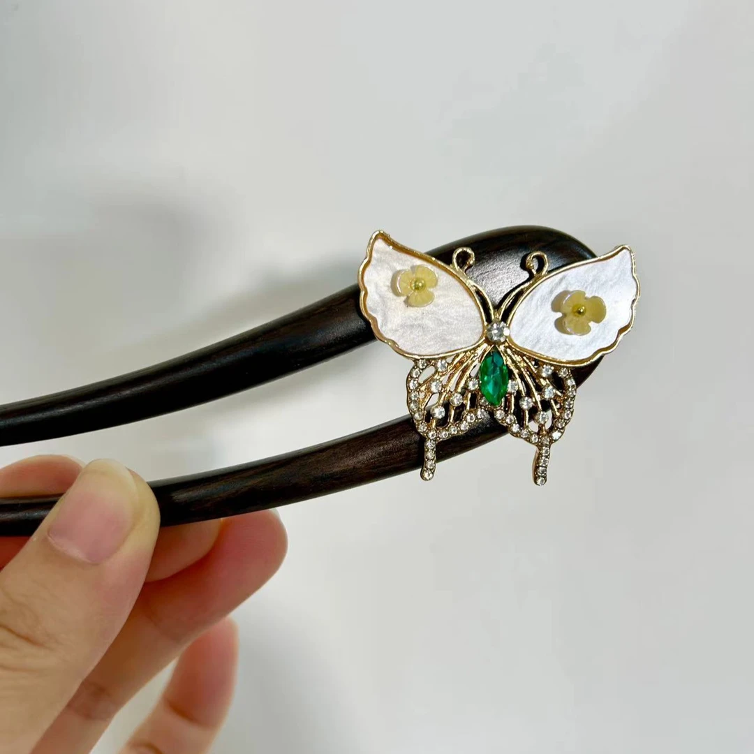 檀木U型发簪蝴蝶古典气质簪子双钗时尚手工百搭盘发簪