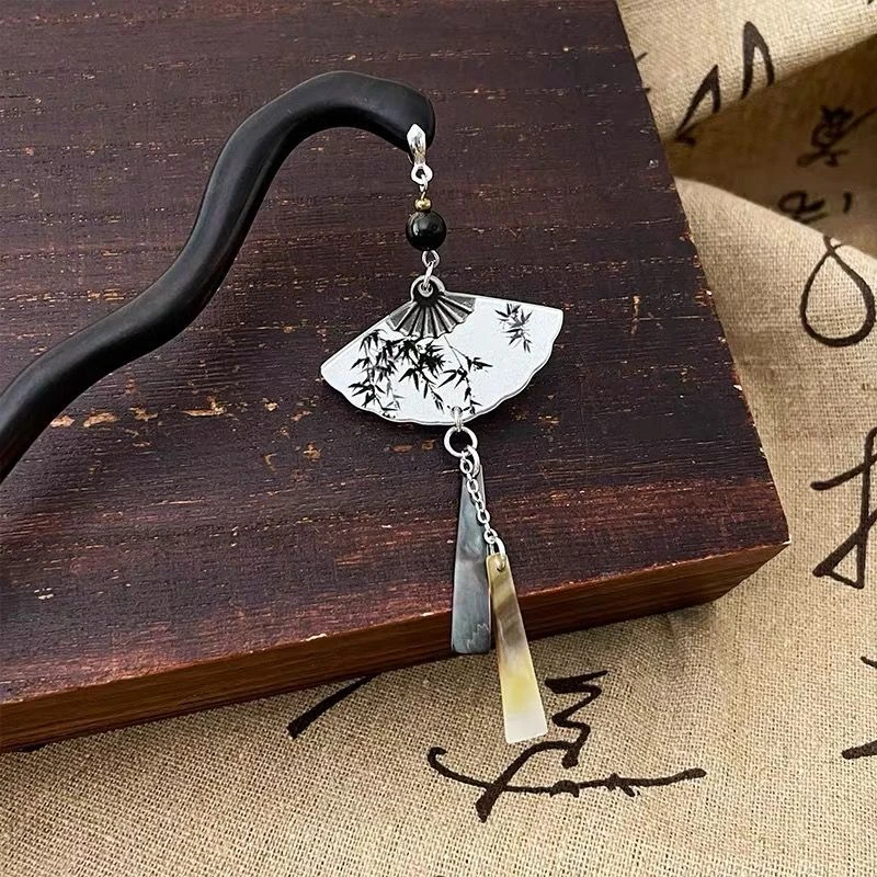 新中式竹叶扇形檀木发簪中国风贝壳吊坠感茶服旗袍配饰