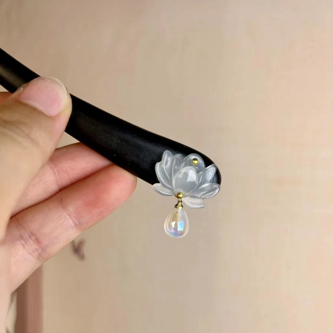 12公分檀木发簪双面雪莲日常古典国风简约盘发簪手工发簪子