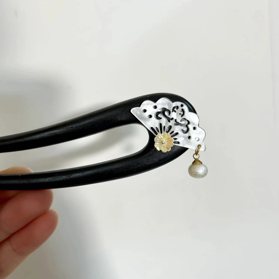 檀木U型双面白色仙气扇子发簪双钗古风簪子手工发簪发簪子