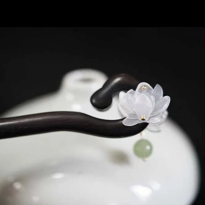 檀木发簪双面雪莲日常古典简约盘发簪国风发簪子
