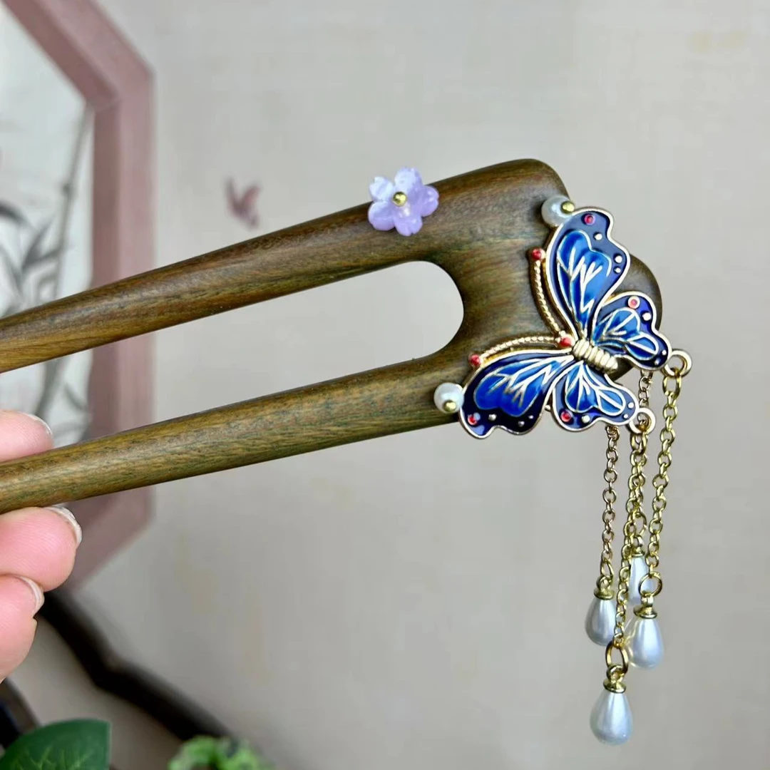 U型檀木发簪蓝蝴蝶流苏双面双钗绿檀U型古典国风盘发簪