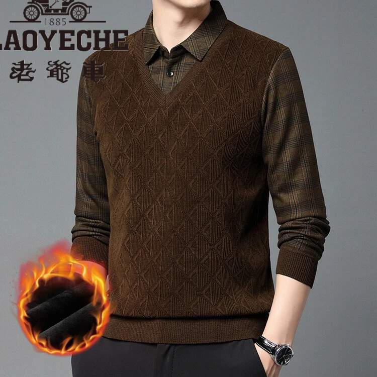 老爷车男士冬季针织衫加绒加厚假两件毛衣冬装中年爸爸一体绒打底