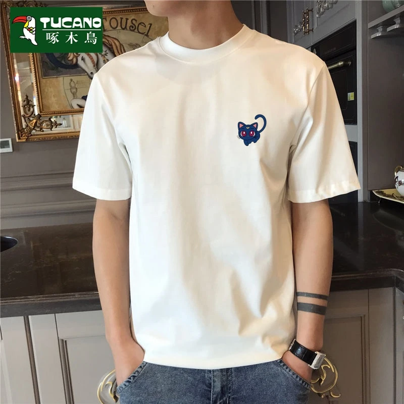 啄木鸟夏季短袖男士宽松T恤ins百搭情侣纯棉打底衫男港风半袖上衣