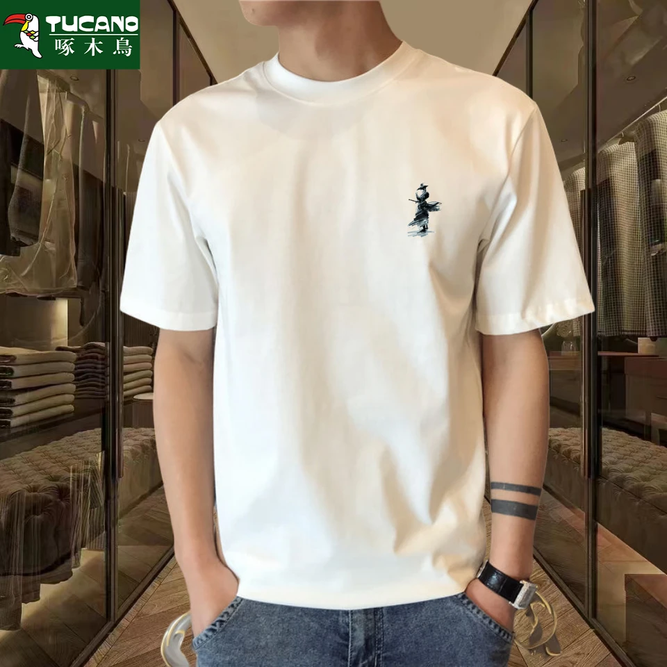 啄木鸟2025夏季纯棉短袖T恤男简约宽松运动上衣服打底衫全棉半袖T
