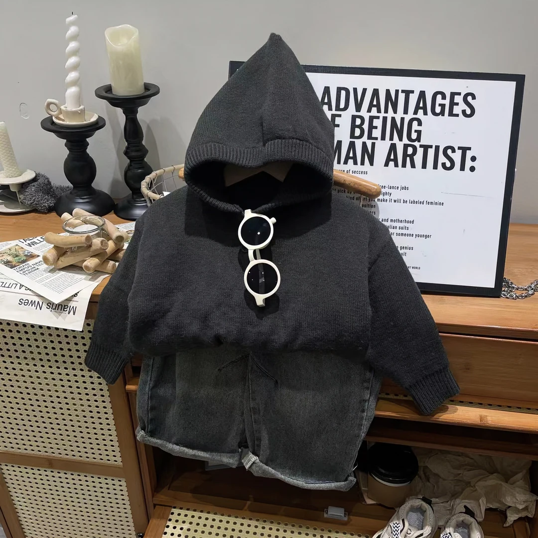 新款2024男童一体绒帽子衫秋冬保暖洋气百搭针织衫纯色连帽时尚