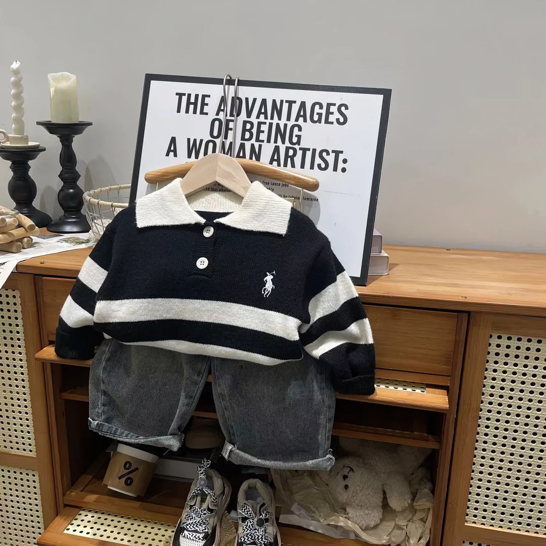 儿童秋季针织衫毛衣POLO翻领刺绣套头韩版男童毛衣洋气百搭条纹
