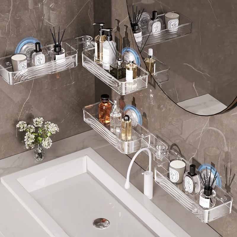 吸盘水龙头置物架卫生间浴室洗手台护肤品收纳架免打孔转角沥水架