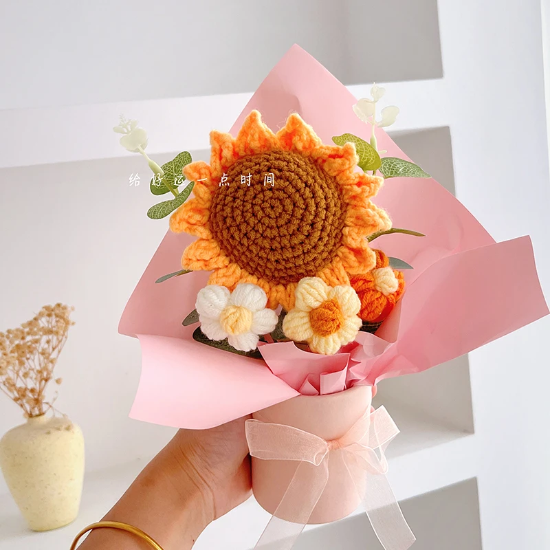 向日葵抱抱桶毛线编织花束仿真花教师节礼物送老师永生花