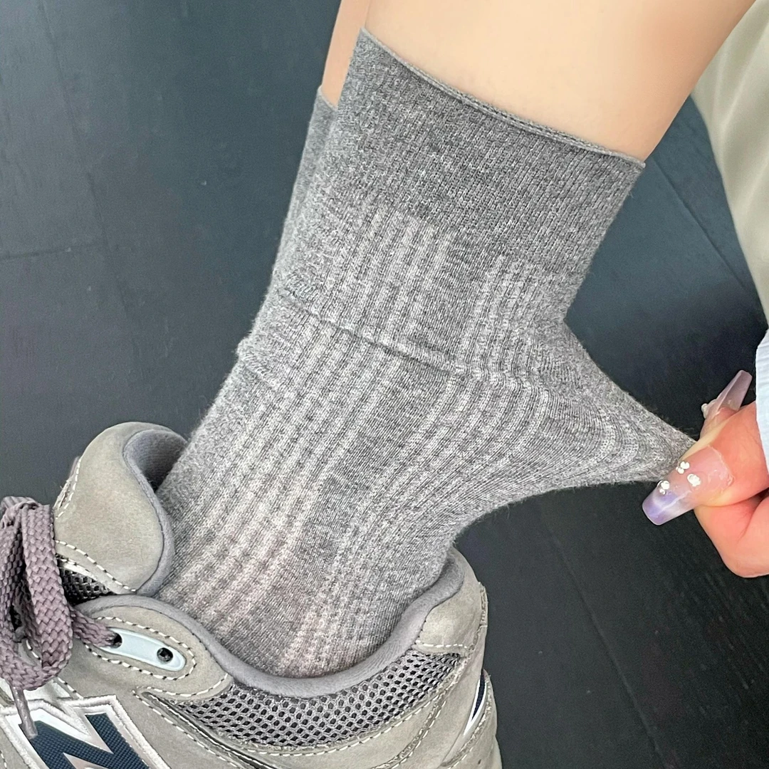 灰色袜子女中筒袜夏季薄款棉袜ins长袜配裙子卷边月子袜堆堆袜女