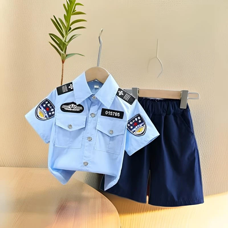 男童警察衣服套装男孩海军制服儿童飞行员机长夏季表演3-6岁夏装