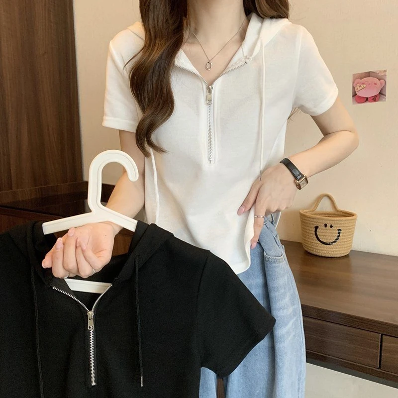 大码减龄正肩连帽短袖T恤女夏季新款不规则拉链半袖短款抽绳上衣