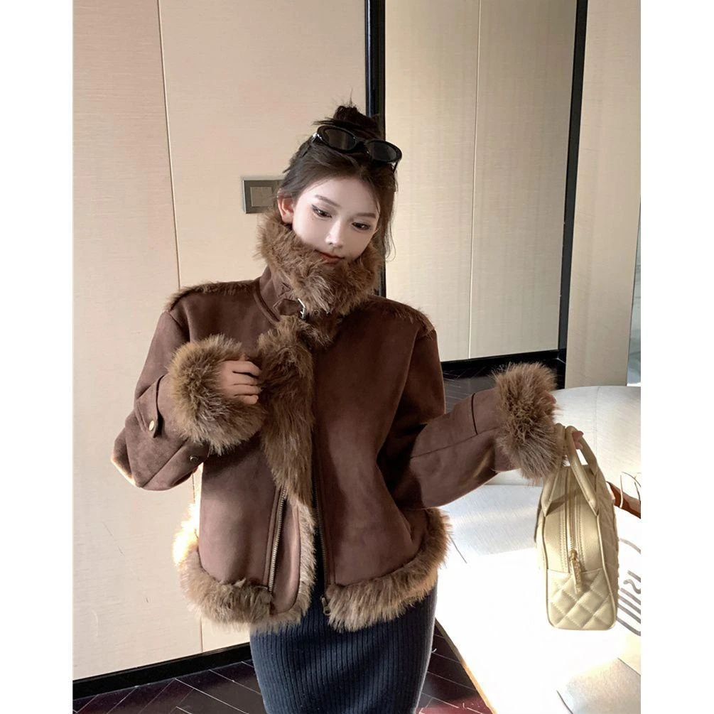 冬季时尚短款机车服美拉德咖色毛毛上衣外套女秋冬复古气质感