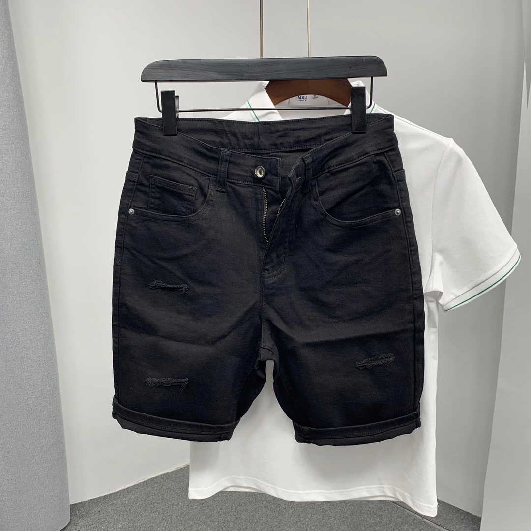 黑色休闲弹力刀割破洞牛仔短裤2025夏季新款男生舒适五分中裤潮流