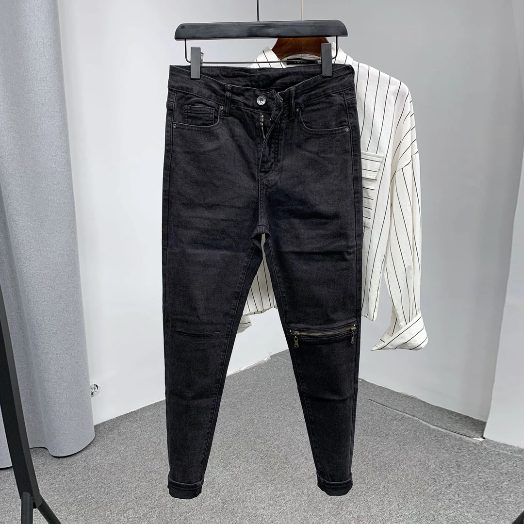 膝盖个性拉链黑色修身牛仔裤男士ins潮牌一字刀割破洞贴布小脚裤