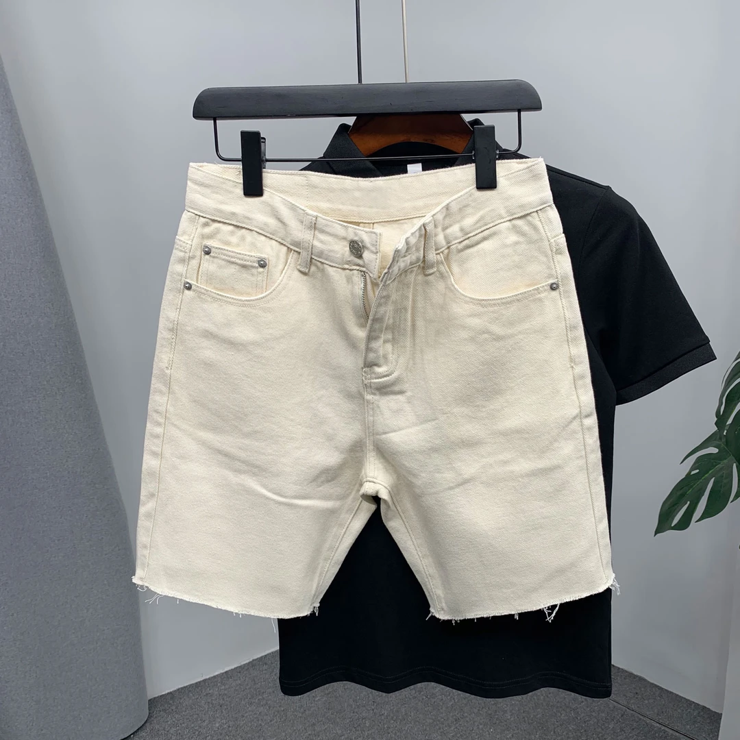 毛边裤脚卡其色修身牛仔短裤2025夏季新款潮男光板休闲无弹四分裤