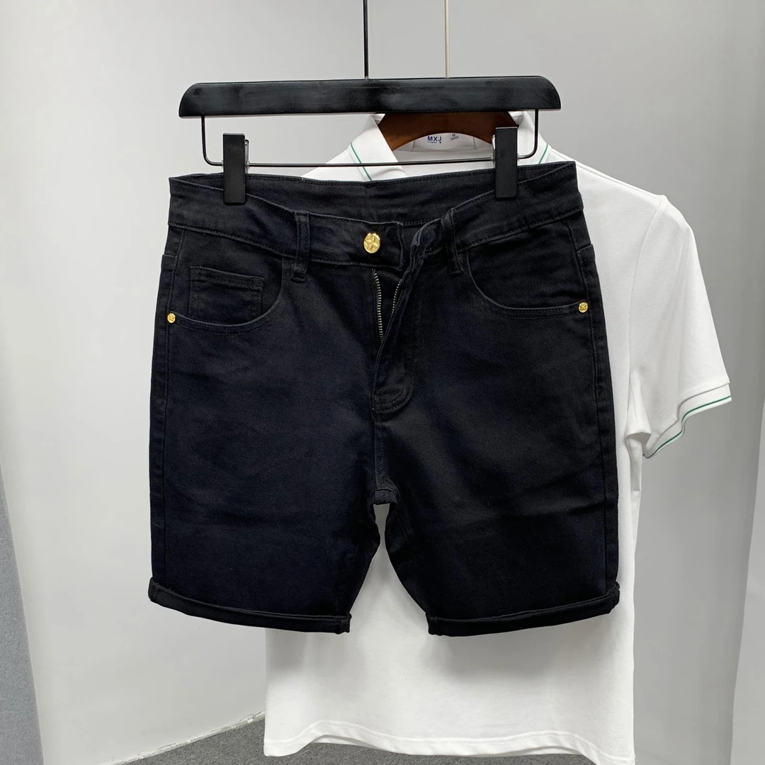 2025夏季新款男士休闲时尚小脚修身4分裤黑色弹力显瘦牛仔短裤潮