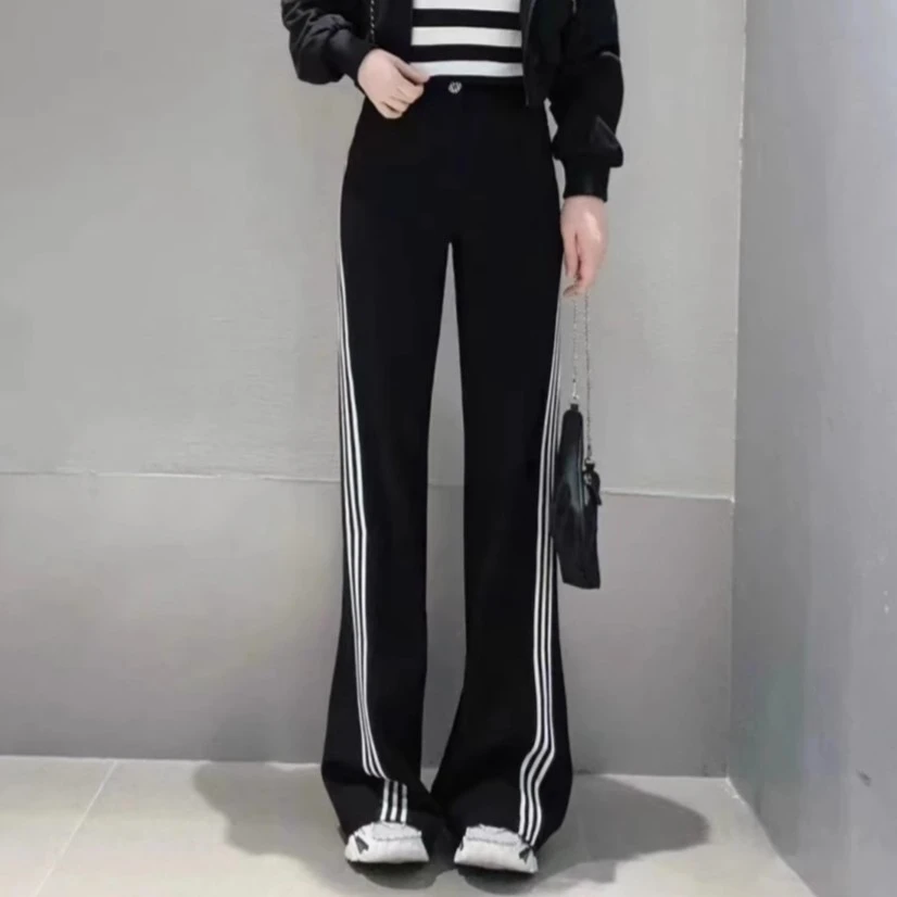 【商场同款】秋冬新款高腰百搭条纹微喇休闲裤宽松显瘦黑色5100458